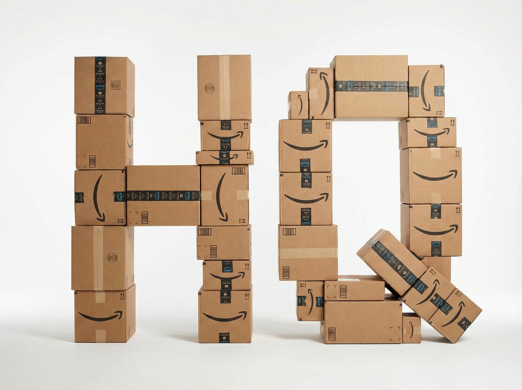 Amazon liquidation boxes forming HQ logo, representing verified surplus shipments for UAE wholesale buyers.
